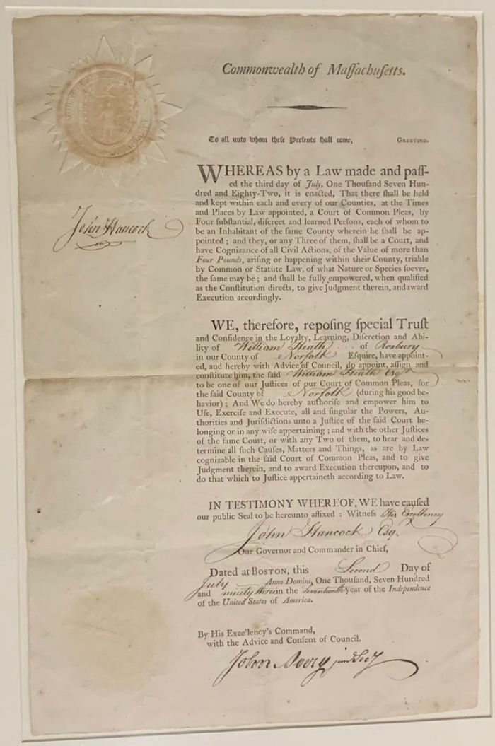 John Hancock Signed Appointment for William Heath of Roxbury, Norfolk County of 