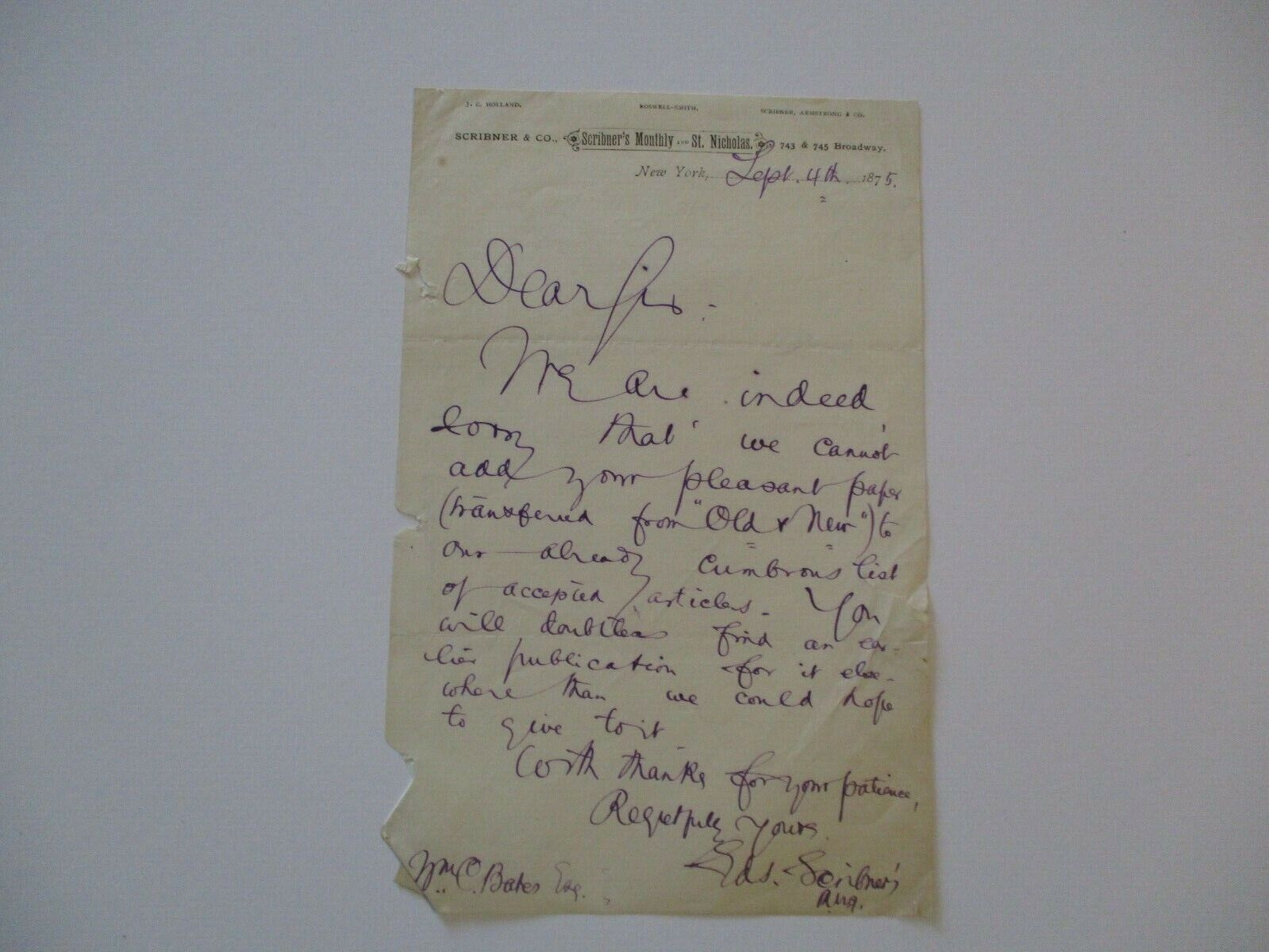 CHARLES SCRIBNER AUTOGRAPH SIGNED LETTER TO WILLIAM C BATES CIVIL WAR 1875 NY