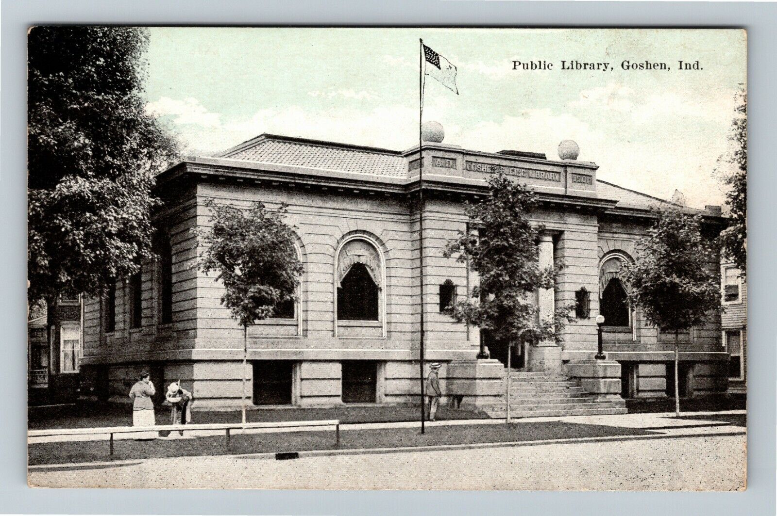 Goshen IN-Indiana, Public Library & Drinking Fountain, c1910 Vintage Postcard