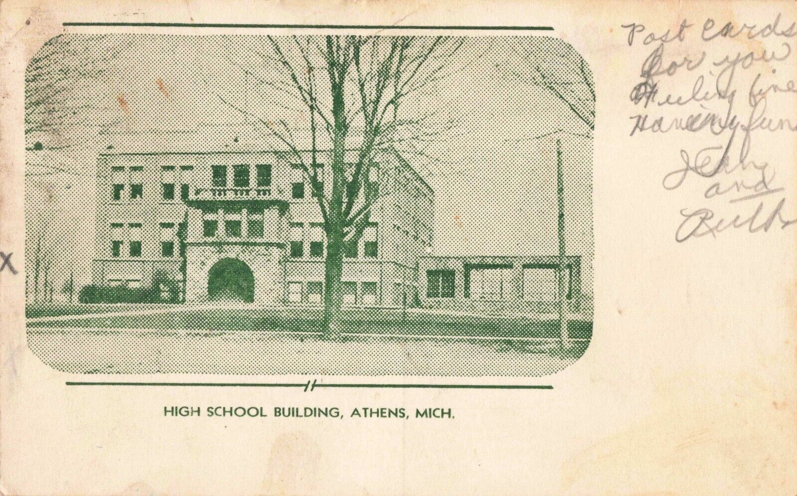 High School Building Athens Michigan MI 1945 Postcard