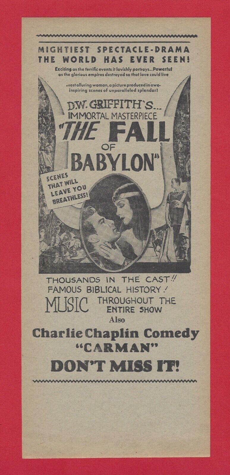 DW GRIFFITH’S THE FALL OF BABYLON CHARLIE CHAPLIN CARMAN RARE HANDBILL 1919