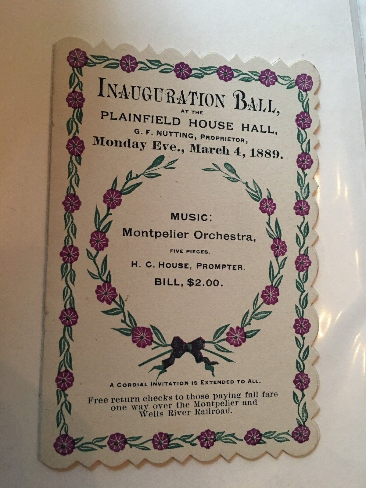 Inauguration Ball Plainfield House Die Cut Dance Card 1889 Montpelier VT