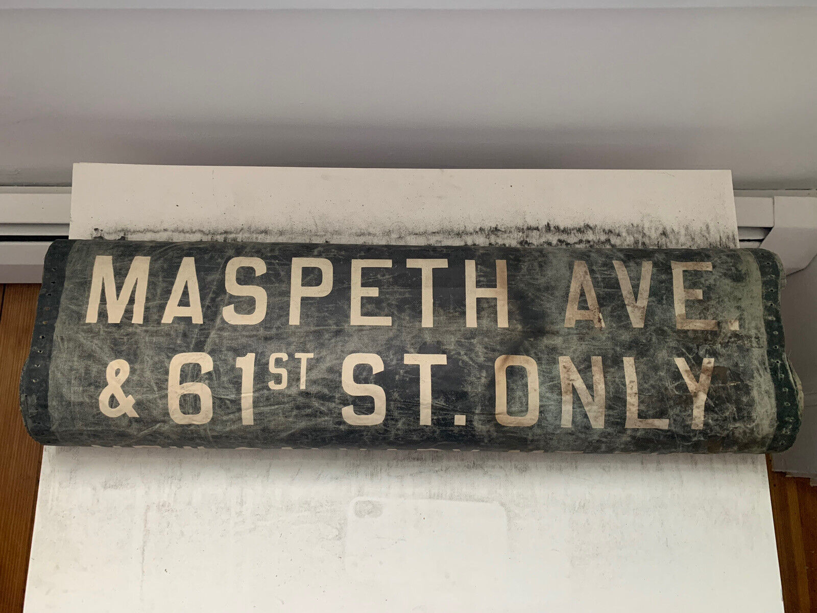 NY NYC PRIMITIVE BUS ROLL SIGN MASPETH AVENUE 61st STREET CEMETERY MARTIN LUTHER