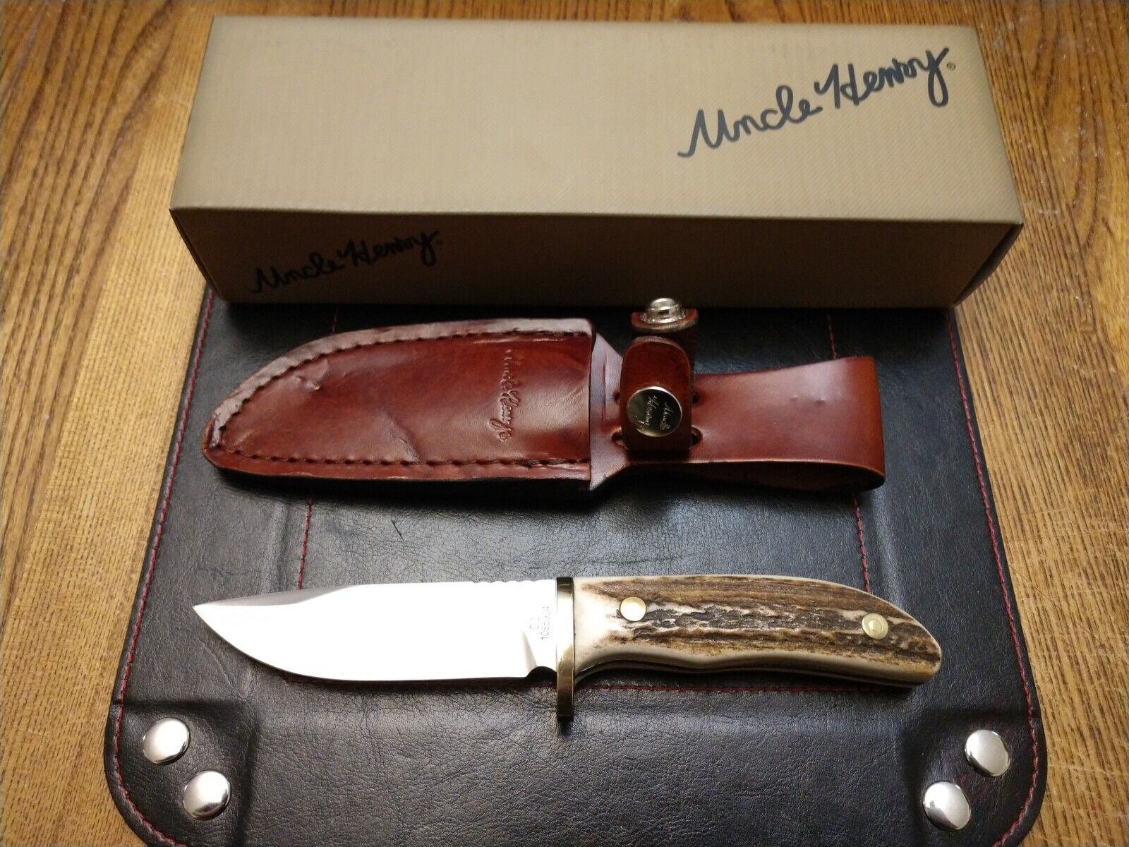 Uncle Henry Stag Drop Point Hunter Knife D2 Blade Real Stag Handle Leathe Sheath