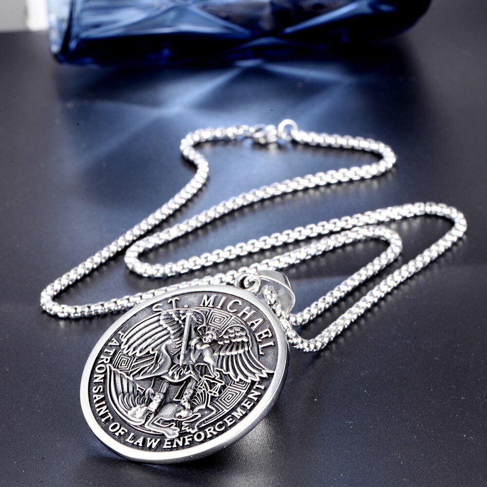 MOYON St Saint Michael Archangel Angel Medal Pendant Necklace Stainless Steel
