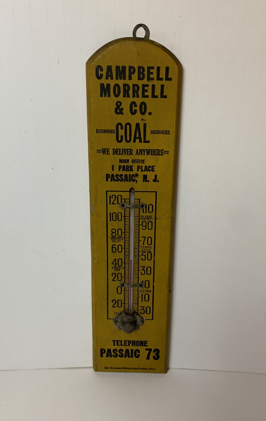 Vintage CAMPBELL MORRELL & CO. COAL PASSAIC N.J. Advertising Thermometer Sign