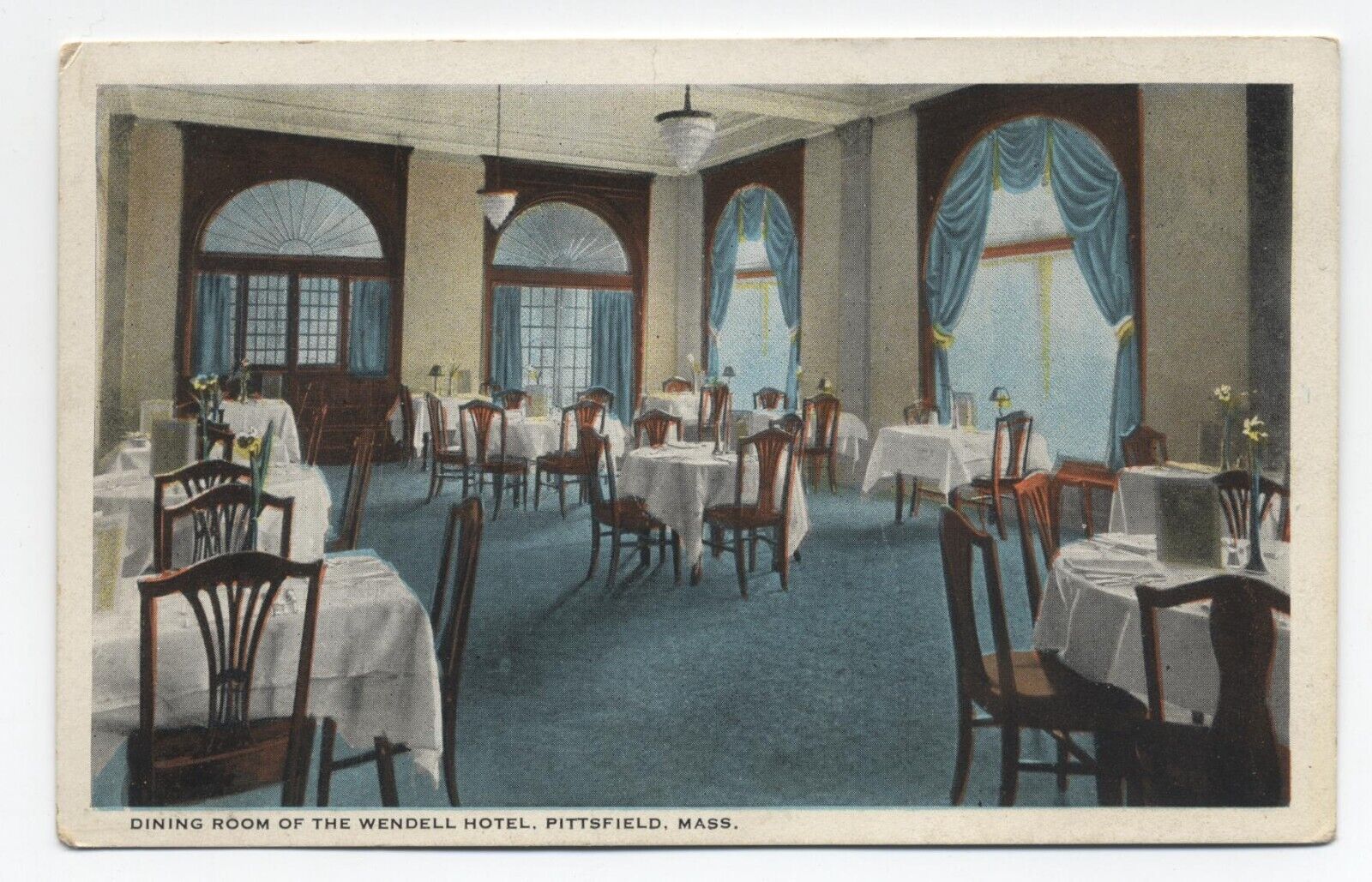 MA ~ Hotel Wendell Dining Room PITTSFIELD Massachusetts c1924 Berkshire Postcard
