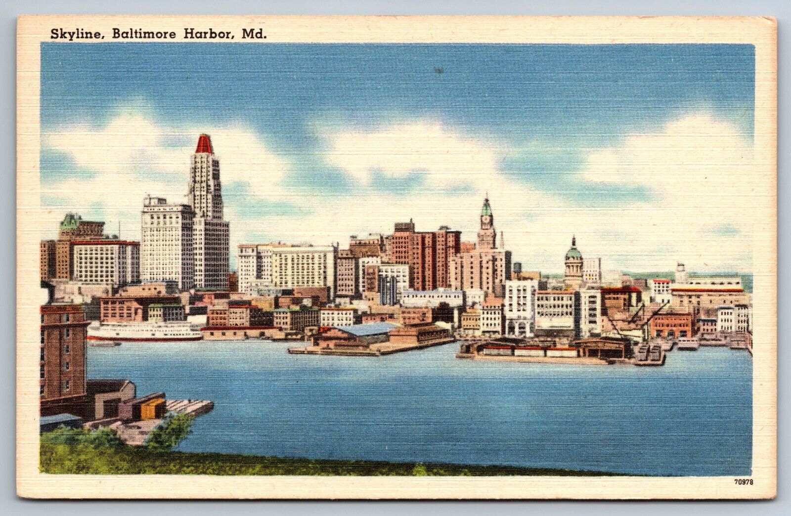Skyline Baltimore Harbor Maryland linen Postcard