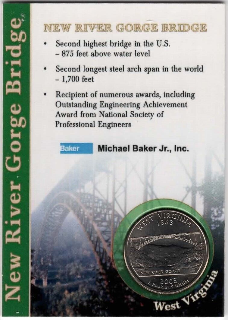 West Virginia New River Gorge Bridge Encased Marketing Card & 2005 State Quarter