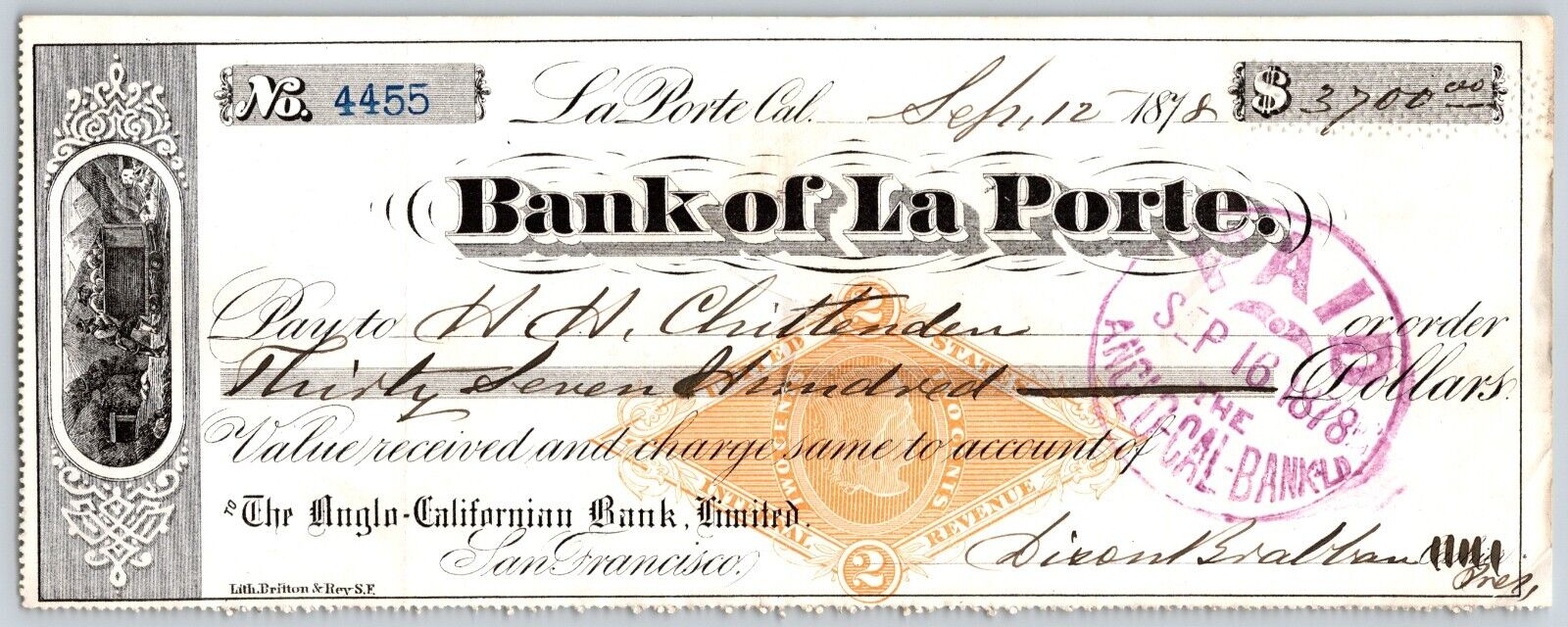 Bank of La Porte Check H.H. Chittenden 1878 Mining Vignette RN-G1 Rev Stamp 4455