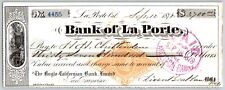 Bank of La Porte Check H.H. Chittenden 1878 Mining Vignette RN-G1 Rev Stamp 4455 picture