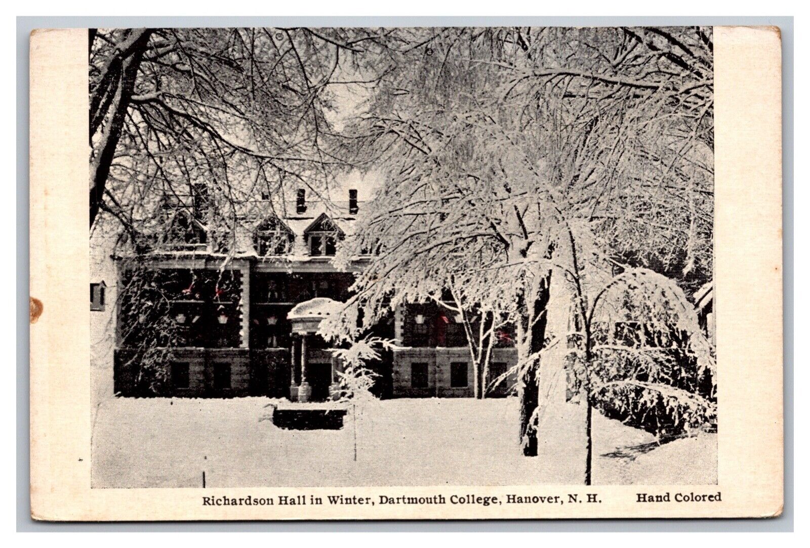 Hanover, NH, Dartmouth College Richardson Hall in Winter, Black & White Postcard