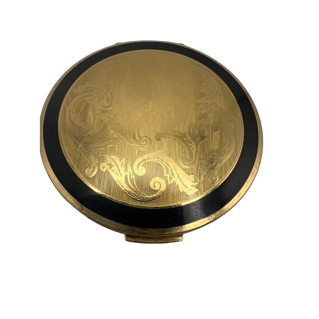 Vintage Stratton England Gold Black Etched Mirror Compact Makeup