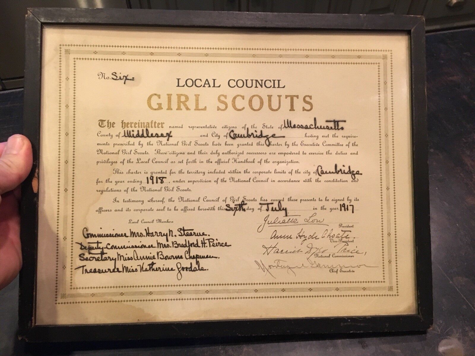 1917 Dated Girl Scout Cambridge, Mass No. 6 Charter Signed By Julette Low & 