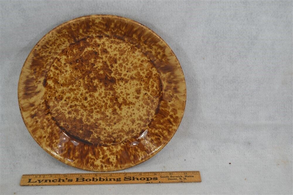 antique 1800s  brown yellow spongeware pie plate Rockingham Bennington original