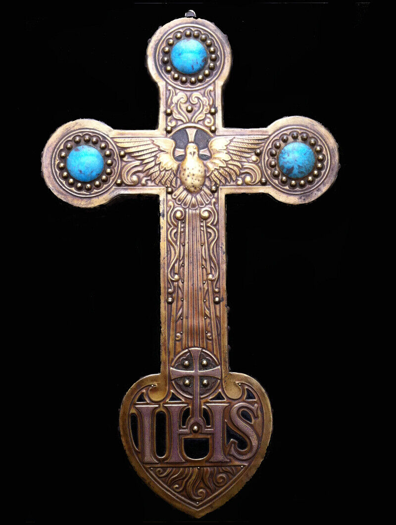 Antique 19th century repelled copper crucifix adorned with cabochons A.Daguet style 33cm
