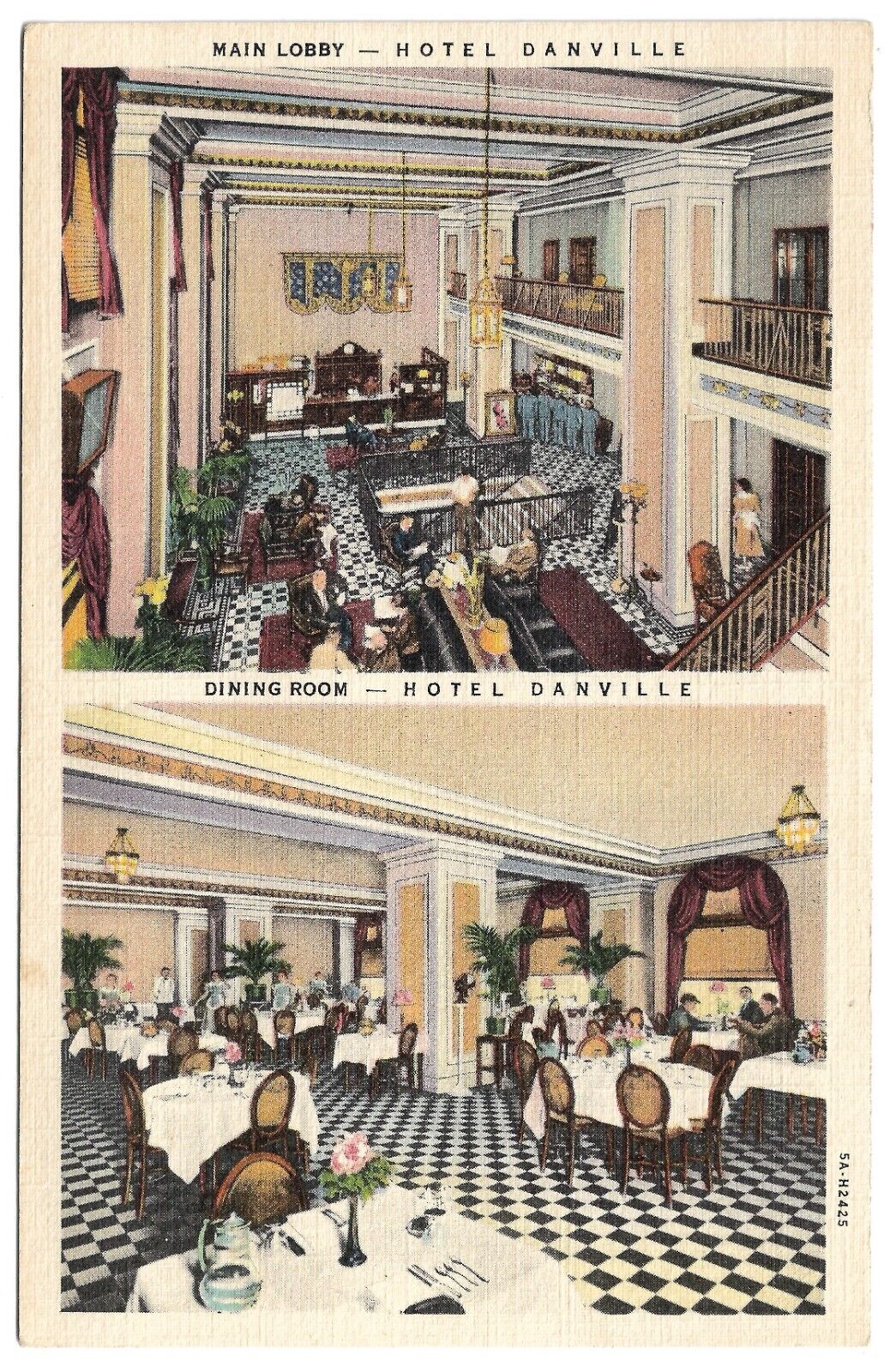 Danville Virginia VA Hotel Danville Main Lobby and Dining Room Vintage Postcard
