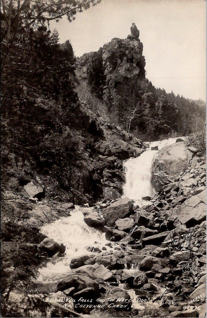 Bridal Veil Falls, NORTH CHEYENNE CANON, Colorado Real Photo Postcard - Sanborn