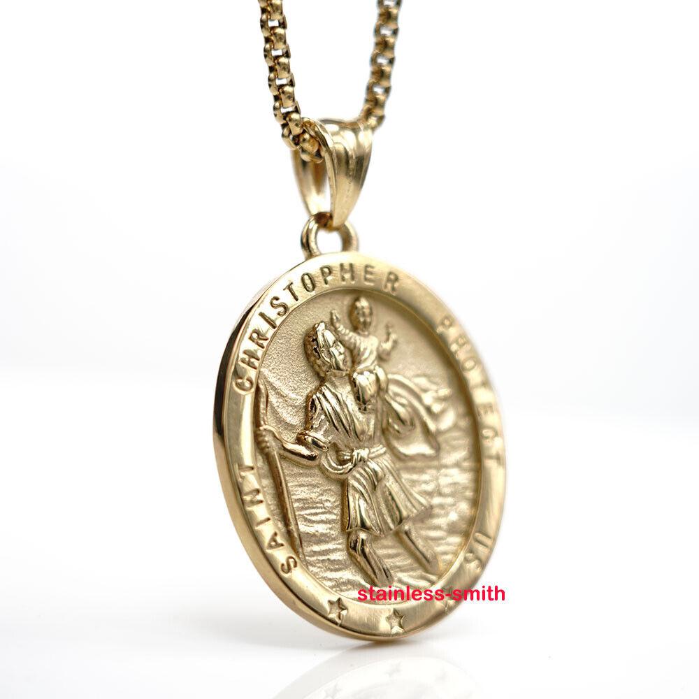 Gold Religious St Saint Christopher Catholic Medal Medallion Pendant Necklace