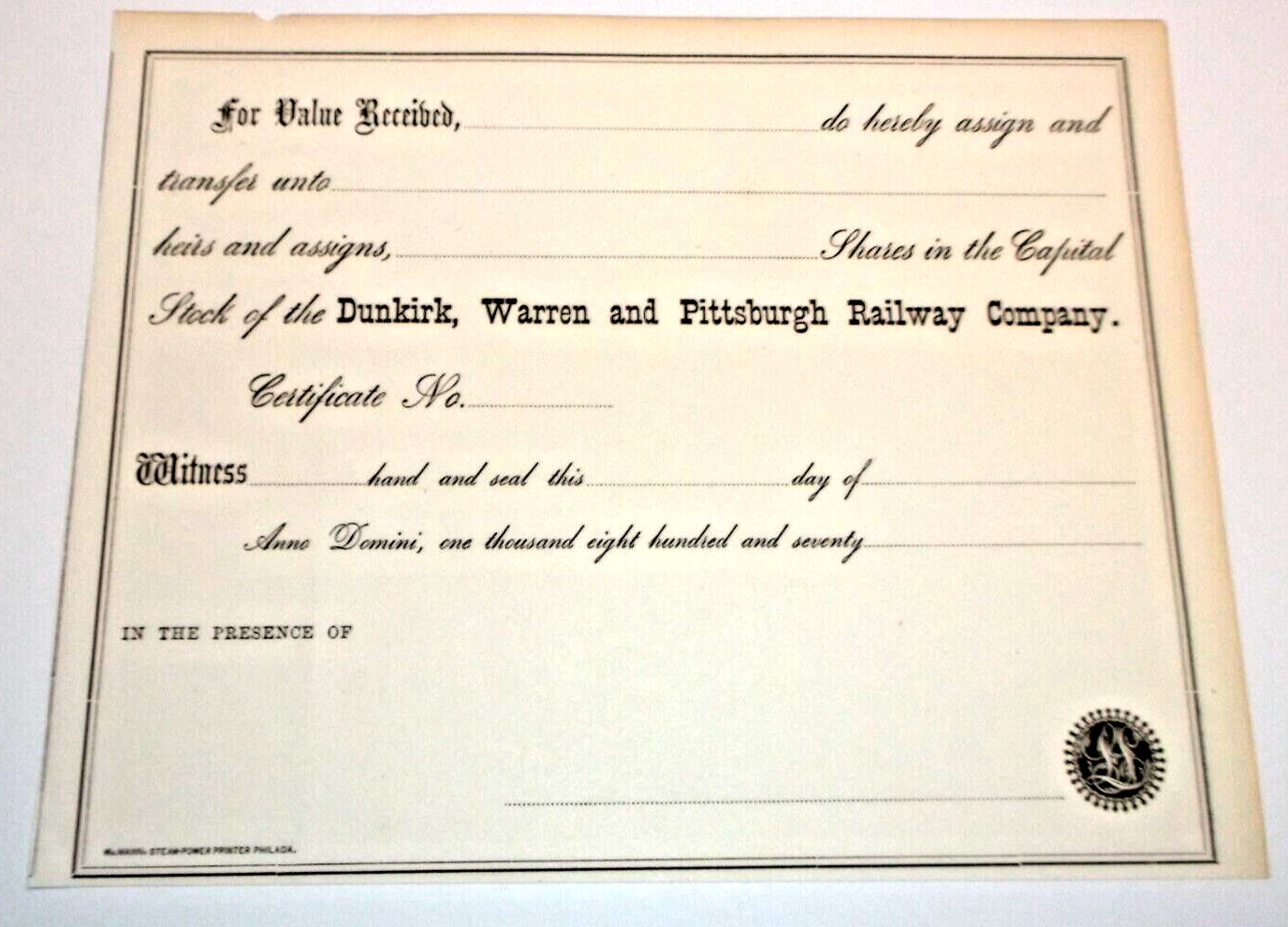 1871 DUNKIRK WARREN AND PITTSBURGH RAILWAY NYC CAPITAL STOCK TRANSFER FORM