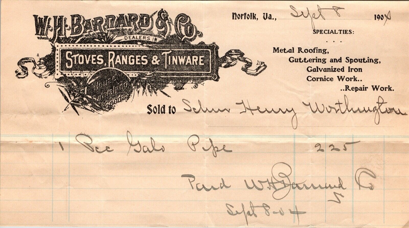 Antique Billhead Invoice Receipt W H. Barnard Stoves Ranes Tinware Norfolk VA 