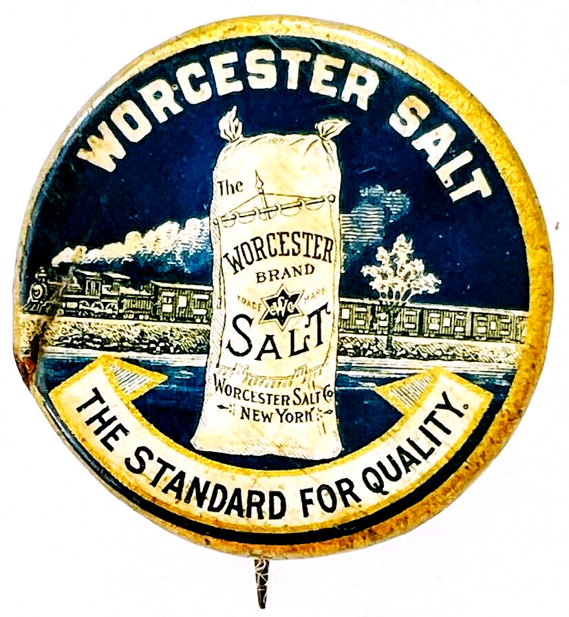 Worcester Salt Co. NEW YORK NY Antique Original Metal Advertising Pin Pinback
