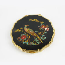 Vintage Stratton Large Compact Black Enameled Floral Peacock Bird England Made picture
