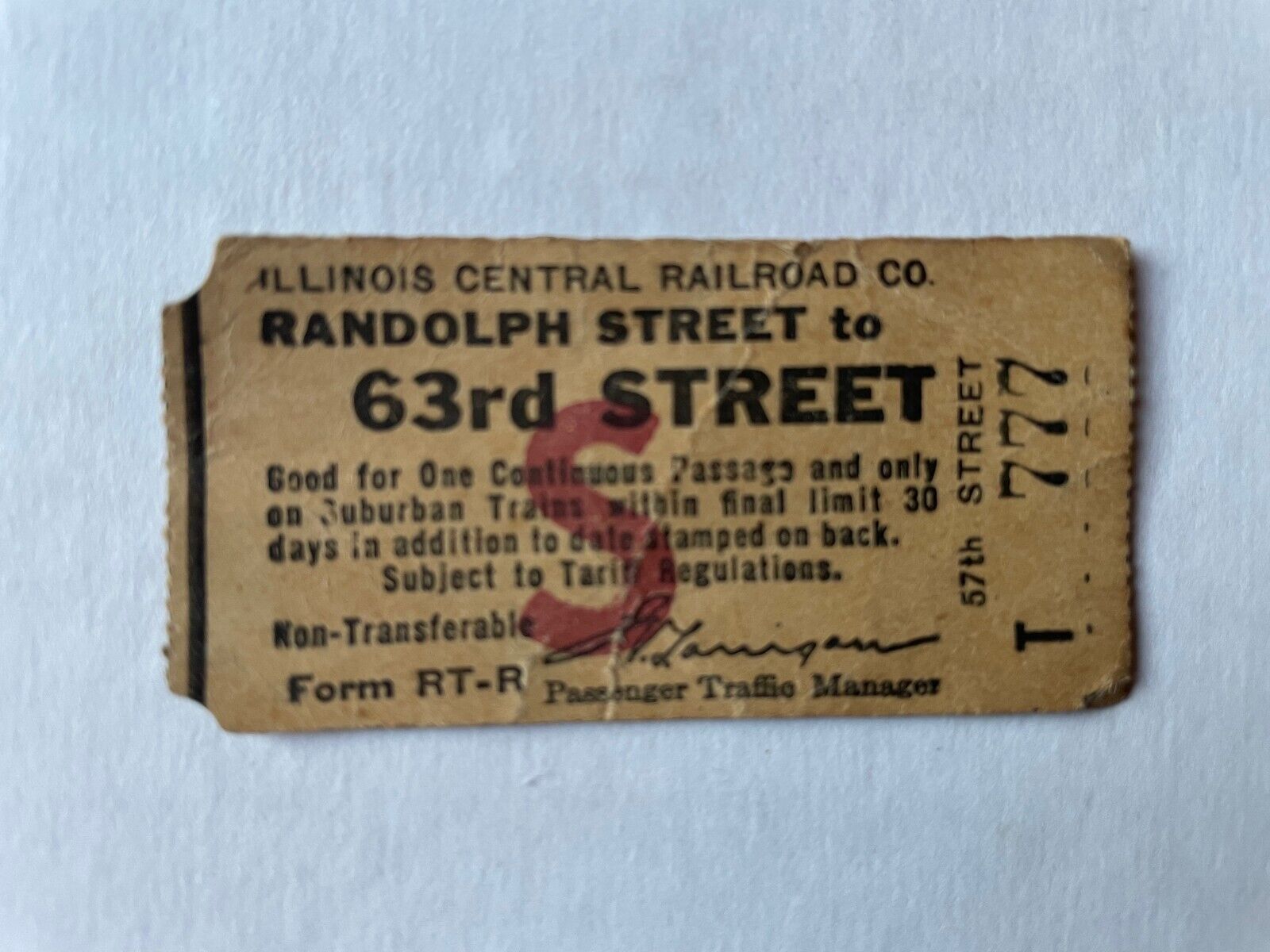 1944? Illinois Central Railroad (Randolph St. to 63rd St., Chicago) Used Ticket
