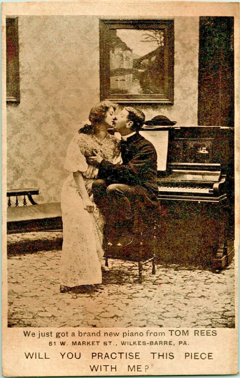 Vtg Postcard 1900s Advertising Tom Rees Piano Wilkes-Barre PA Romance Unused