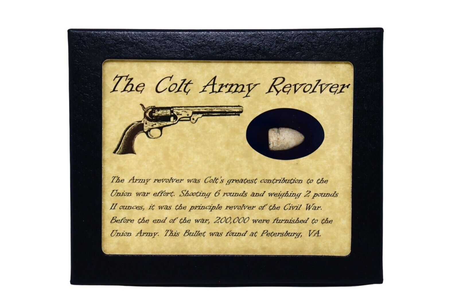 The Civil War Colt Army Revolver Pistol Bullet in Glass Top Display Case and COA
