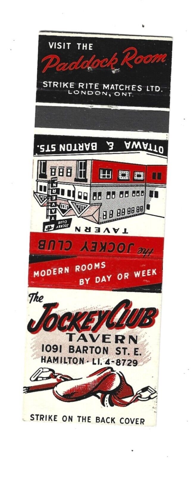 Jockey Club Tavern   Matchcover  1091 Barton St. E.    Hamilton, Canada