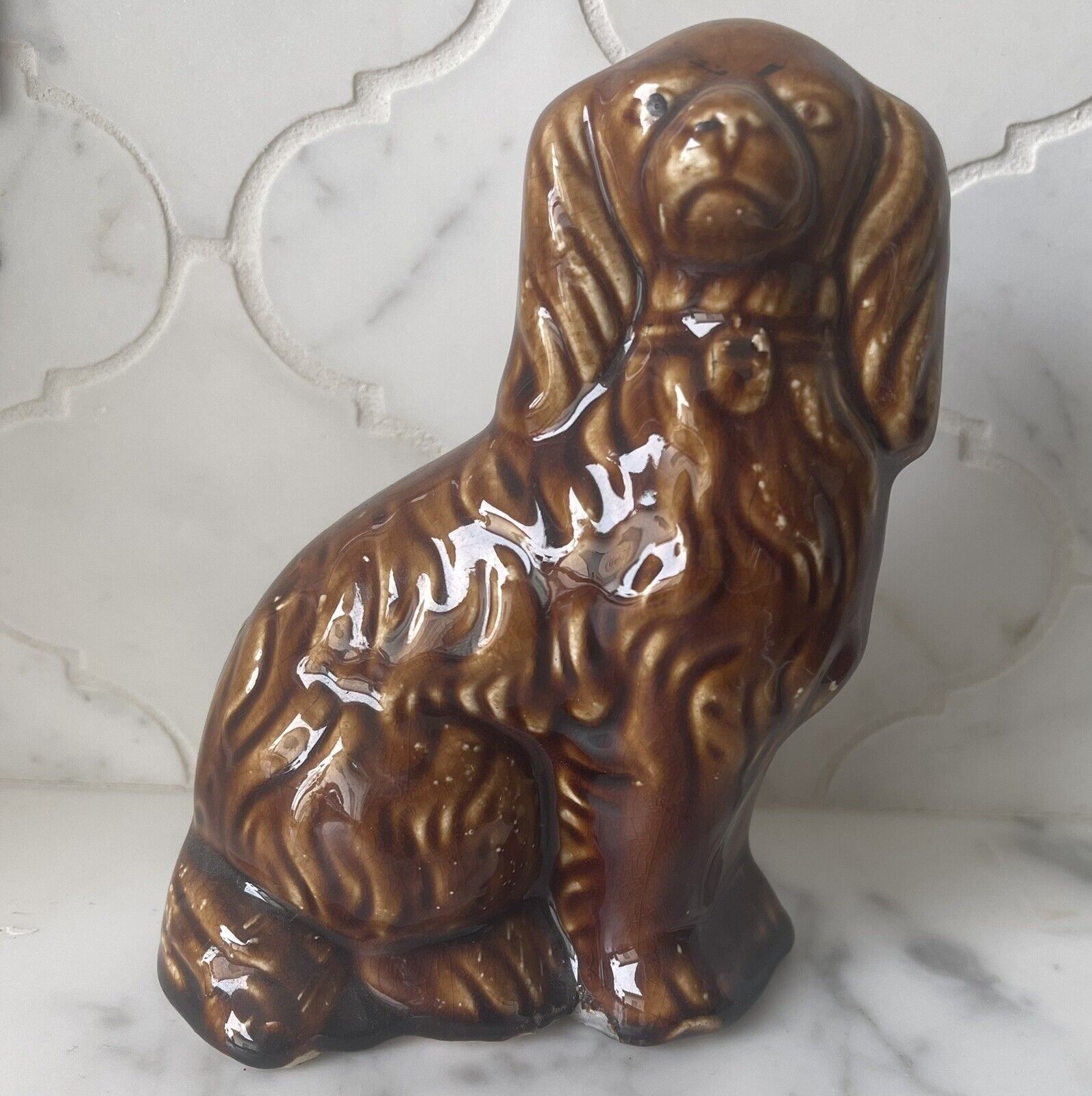 5.25” Antique 19th c. Rockingham Glaze Spaniel Dog - Brown Yellow Ware