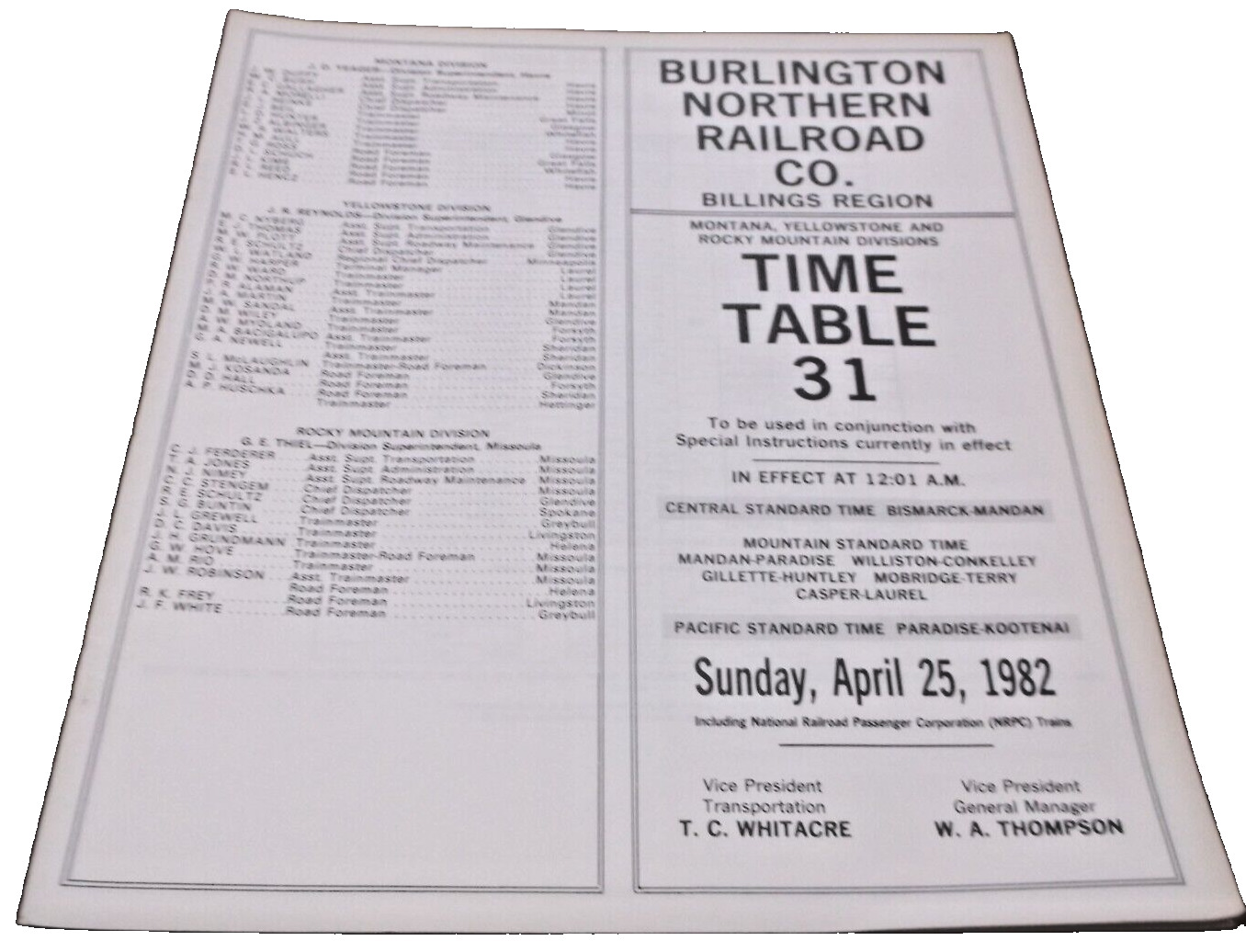 APRIL 1982 BURLINGTON NORTHERN BILLINGS REGION EMPLOYEE TIMETABLE #31