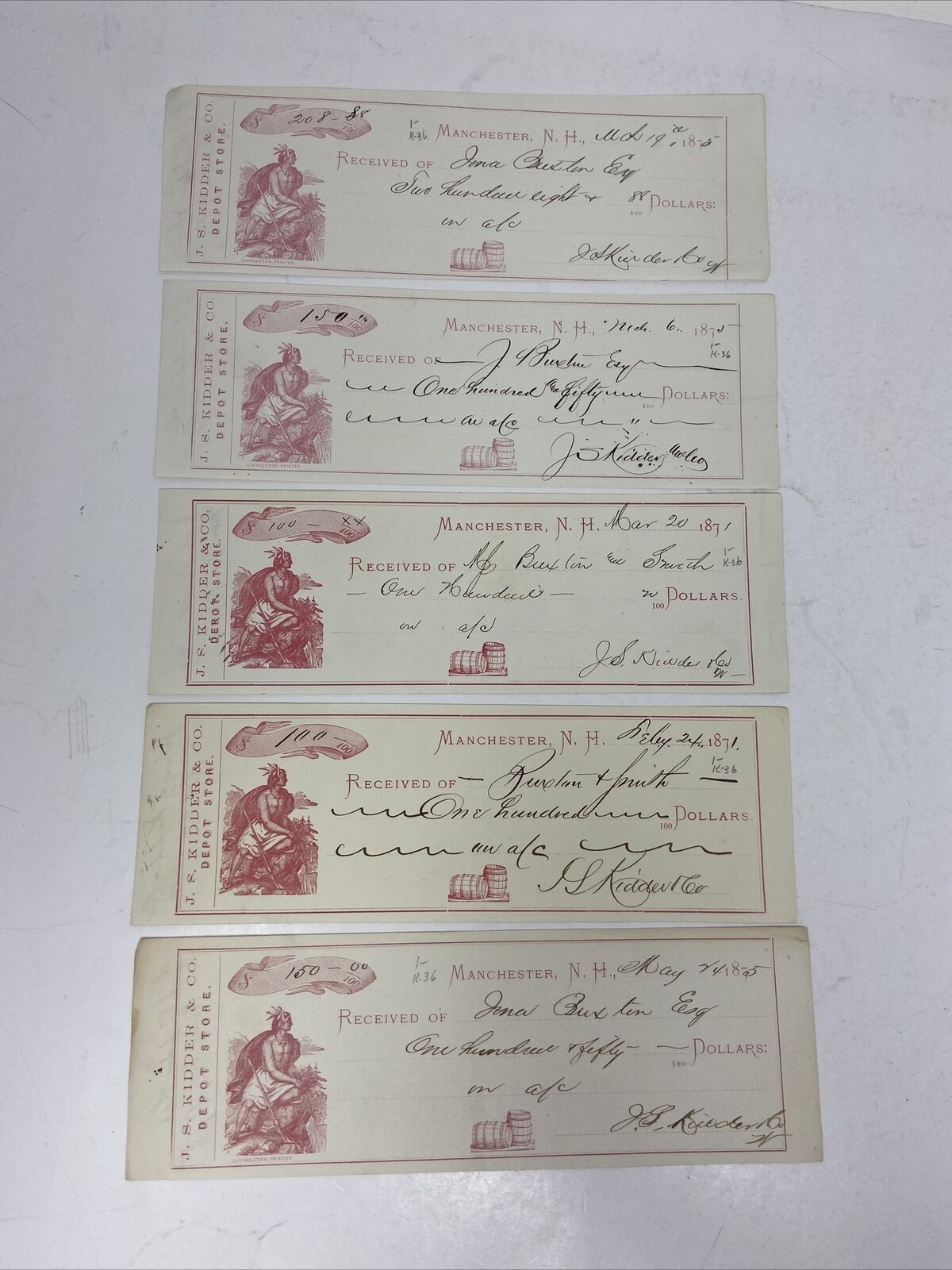 1875 J.S. Kidder Depot Store Receipt Check Lot of 5 Antique Livingston Printer
