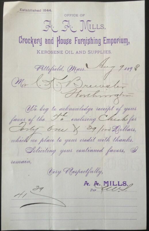 1893 BILLHEAD(A1)~A.A. MILLS CO. PITTSFIELD, MASS. KEROSENE OIL AND SUPPLIES