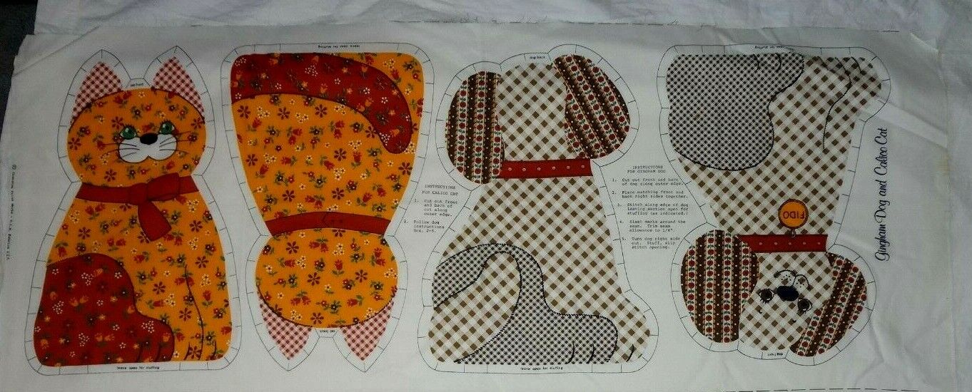VTG VIP Cranston Gingham Dog Calico Cat Fabric Panel Pillow Stuffies 