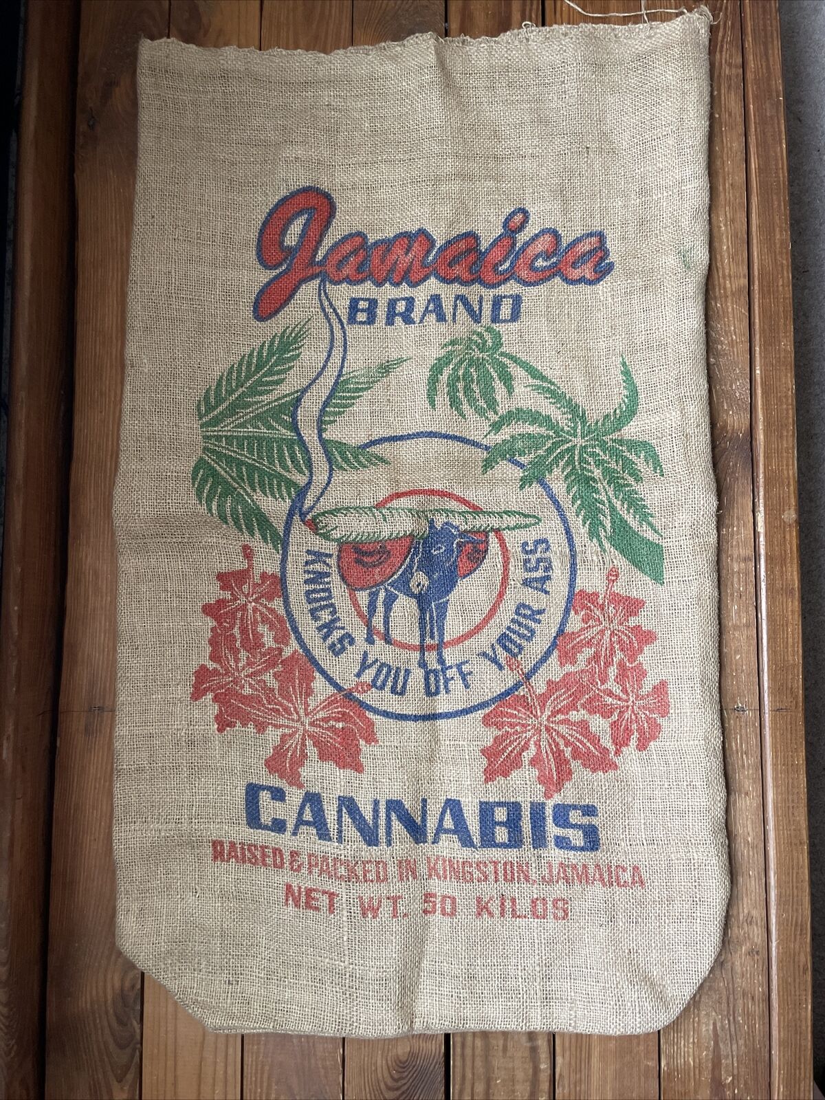 Vintage 1970s Jamaica Cannabis Marijuana Burlap Feed Sack
