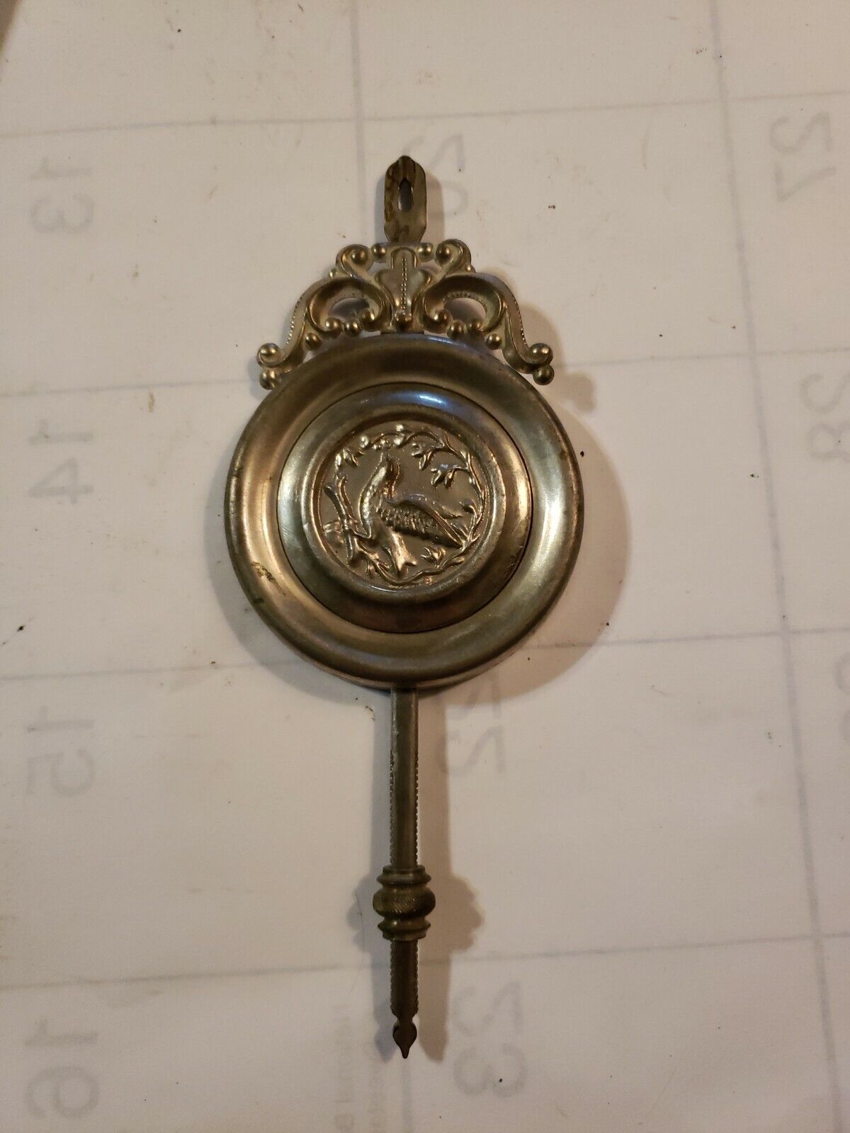 Antique 1870s Waterbury Gingerbread Clock Pendulum Embossed w Bird Silver Tone