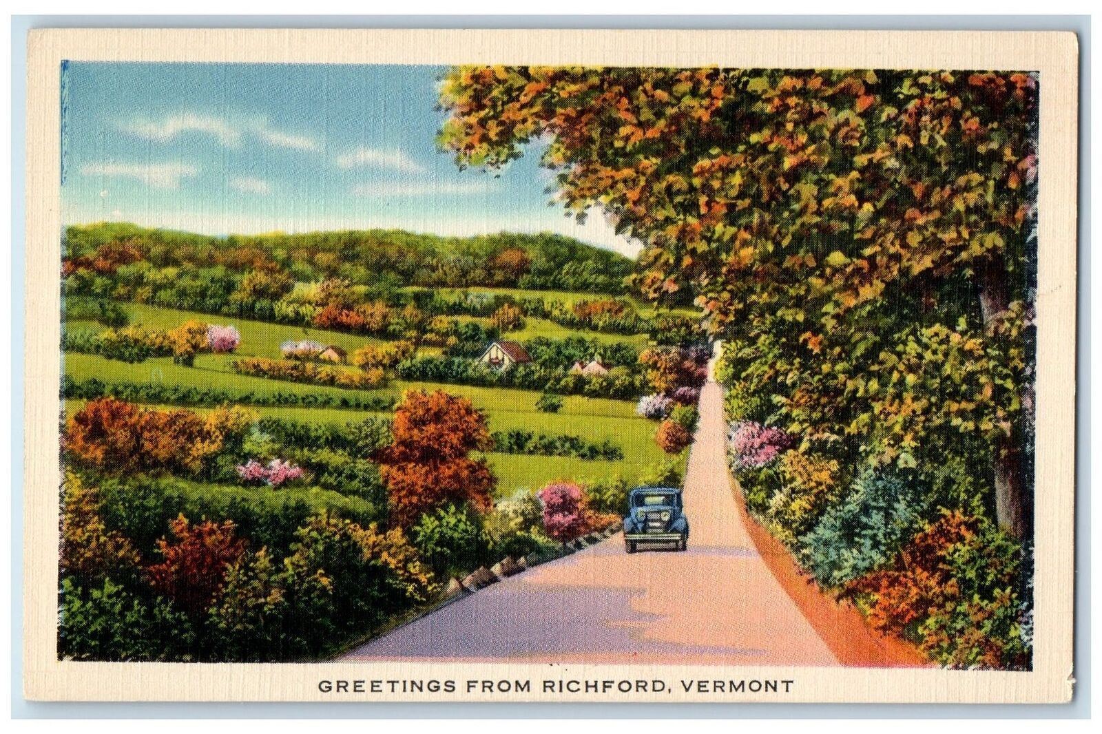 Greetings From Richford Vermont VT, Car Road Trees Scene Vintage Postcard