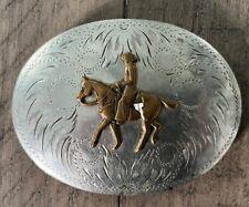 Vintage COMSTOCK SILVERSMITHS Horse & Rider Cowboy German Silver Belt Buckle picture