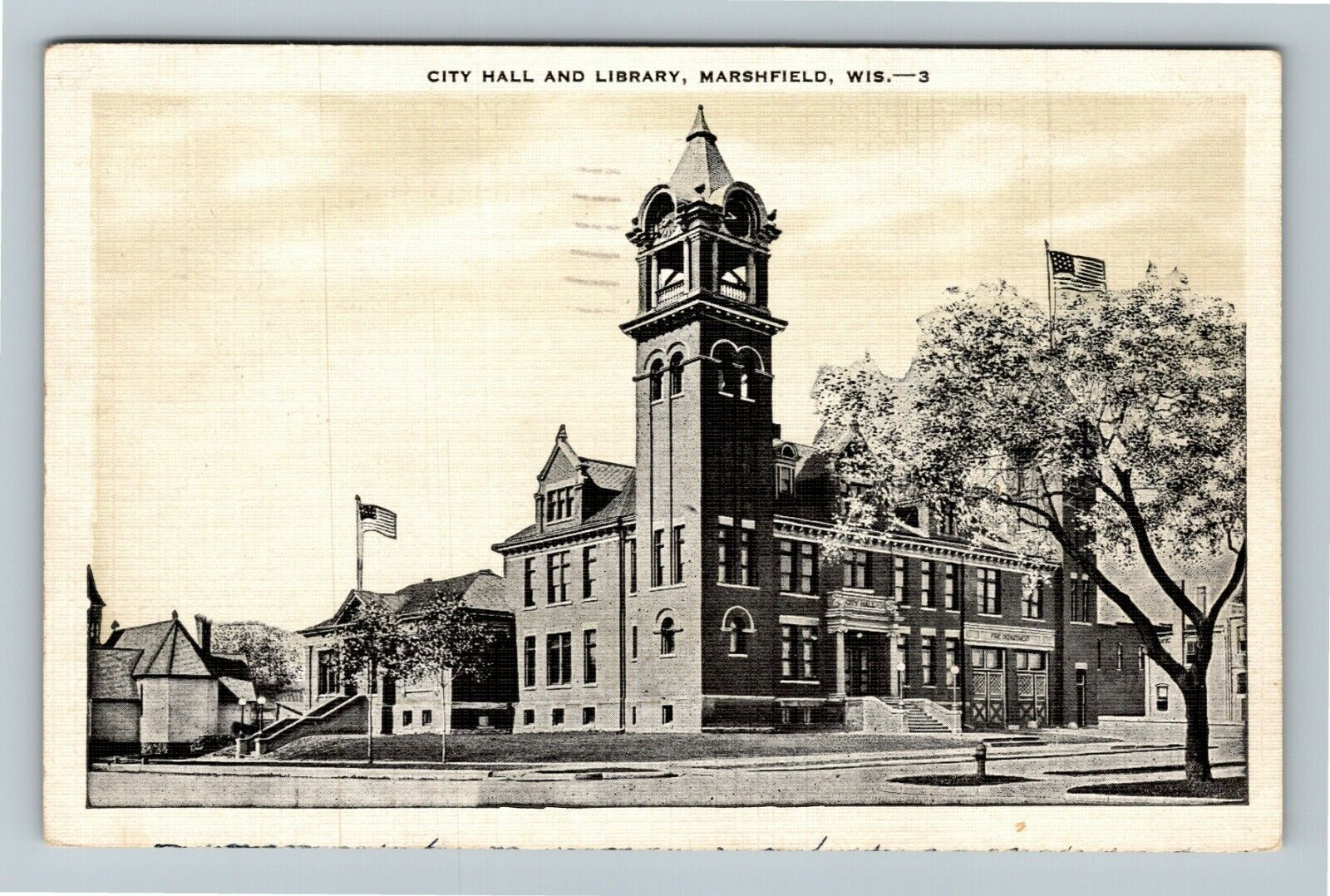 Marshfield WI- Wisconsin, City Hall And Library, Outside, Vintage Postcard