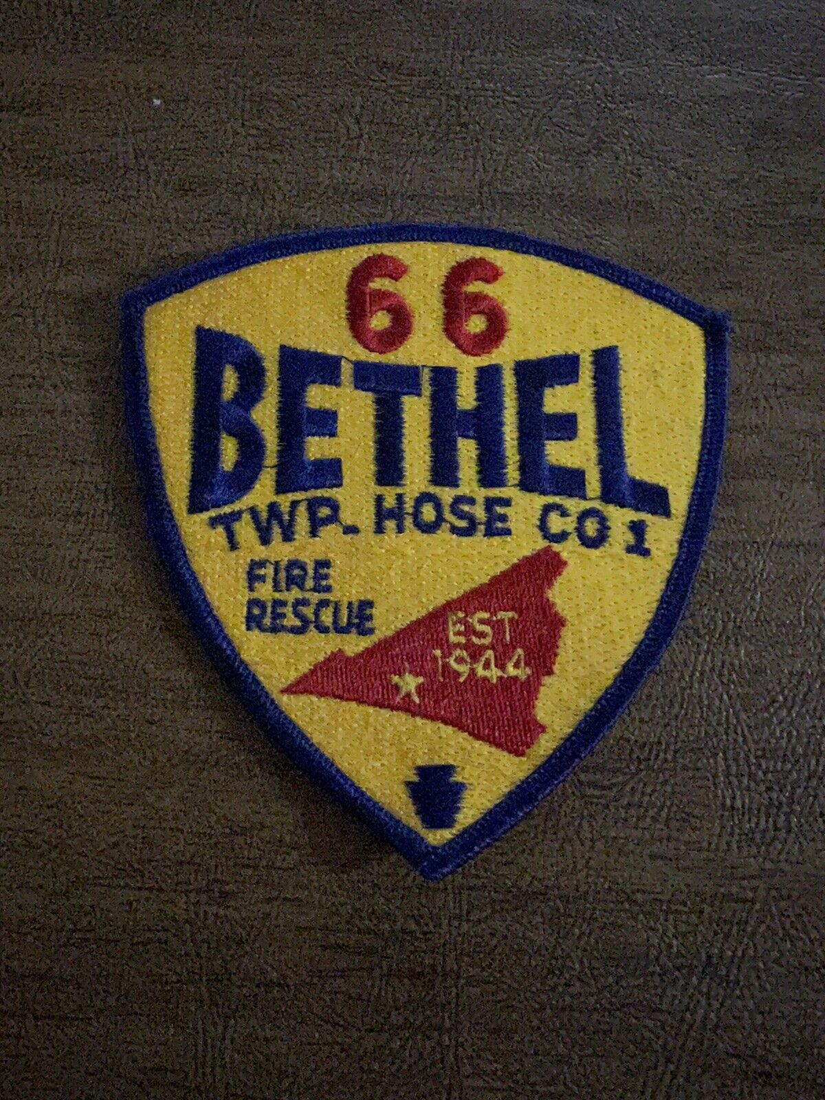Bethel 66 TWP HOSE CO1. Fire and Rescue Est 1944  Patch. Yellow, Blue And Red.