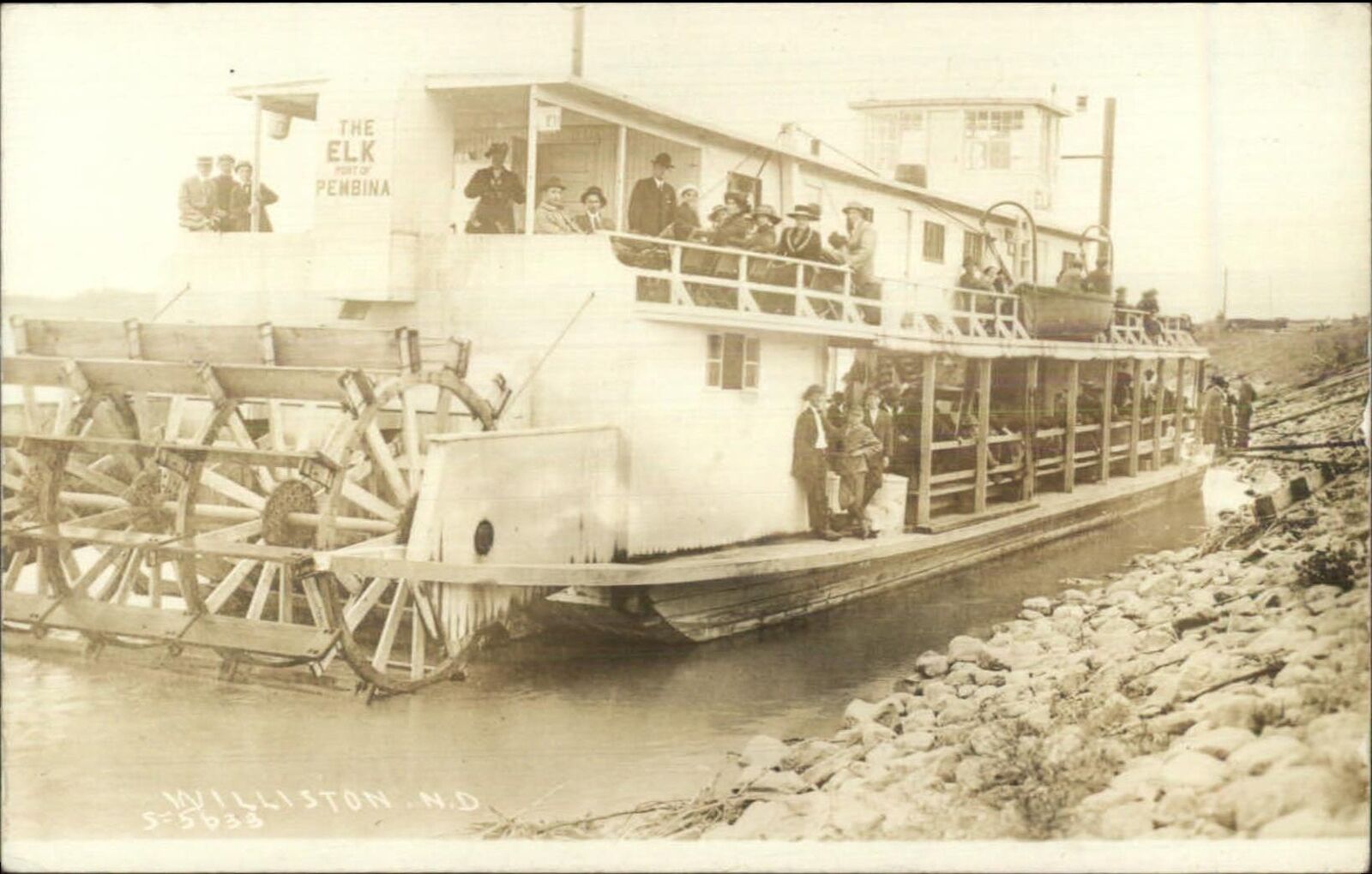 Williston ND Paddle Wheel Steamer Ship THE ELK PORT OF PEMBINA RPPC c1910