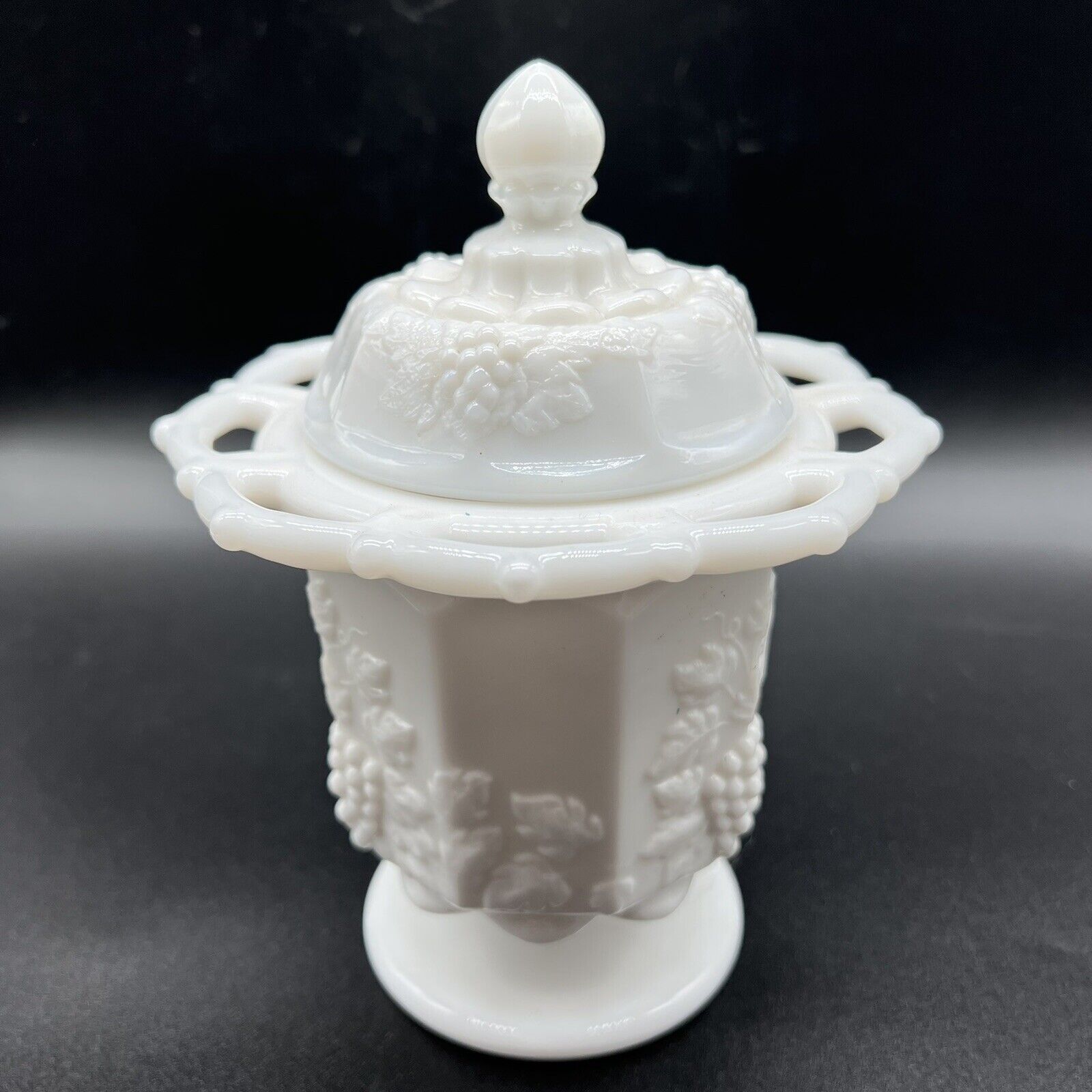Westmore Paneled Open Lace Grape Milk Glass Footed Compote Candy Dish