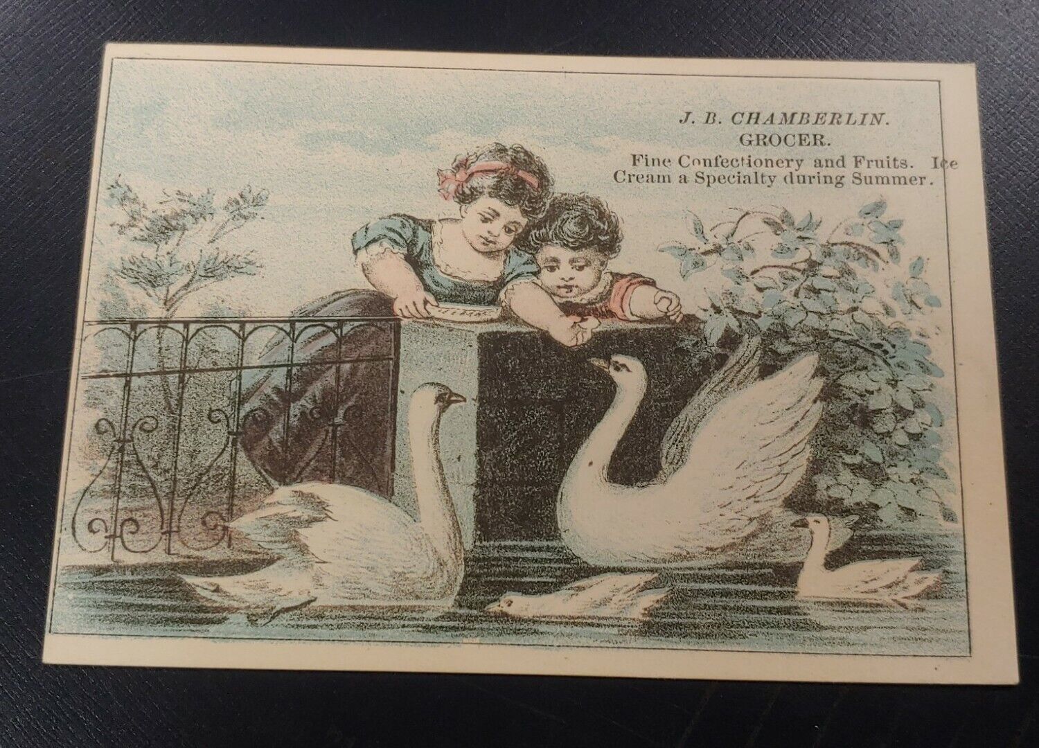 Trade Card J.B. CHAMBERLIN GROCER - CONFECTIONERY & FRUIT - FEEDING A SWAN