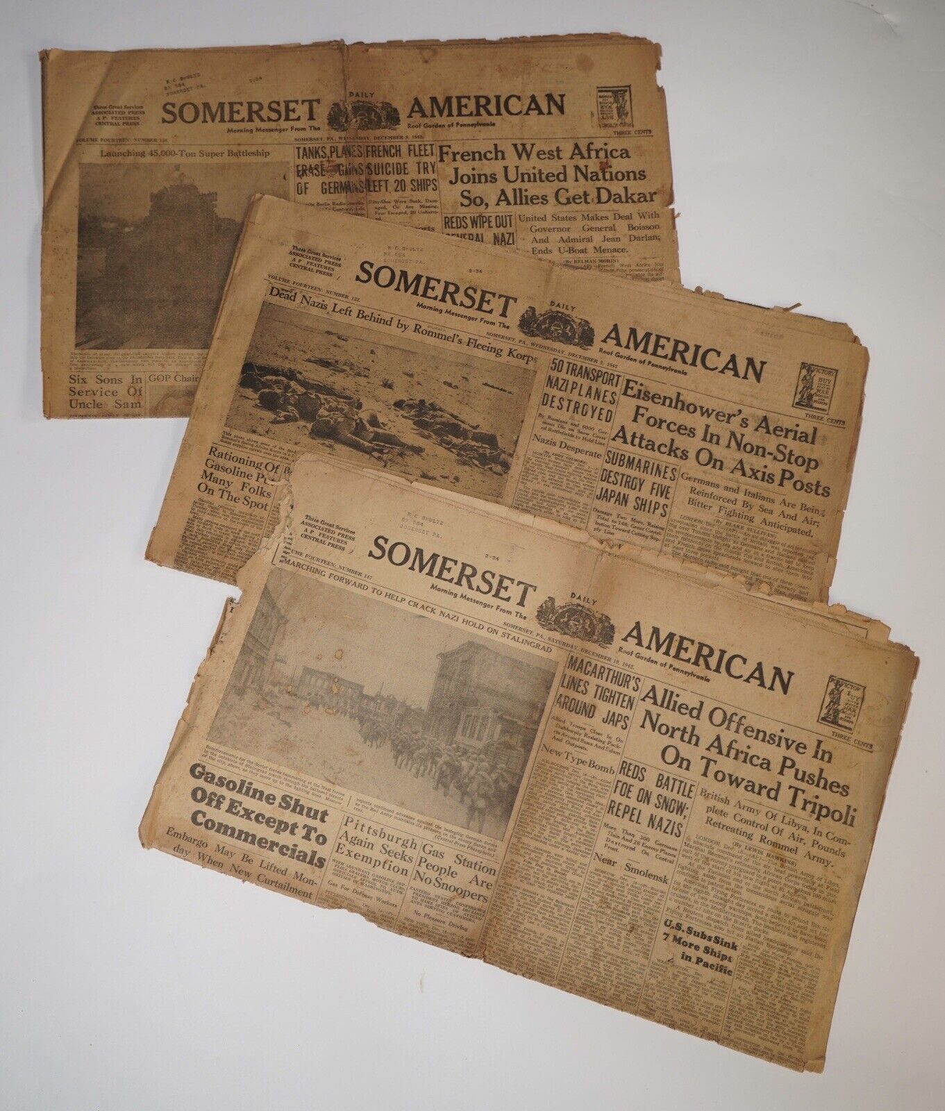 Lot of 3 Somerset Daily American WWII-era 1940s (18”x11.25”) Fragile