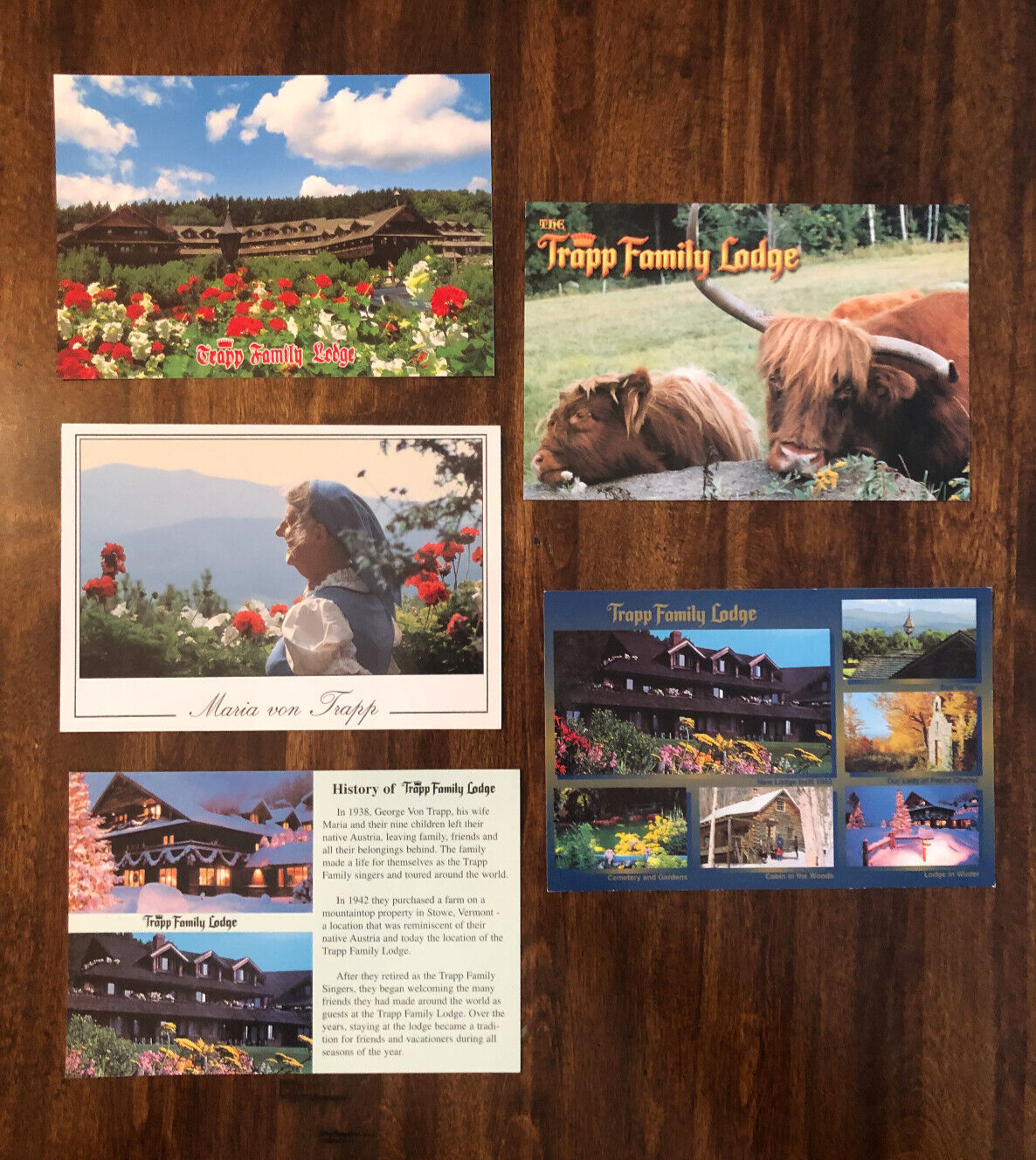 5 POSTCARDS  the TRAPP FAMILY LODGE in STOWE VERMONT  BRAND NEW, ORIGINAL OWNER