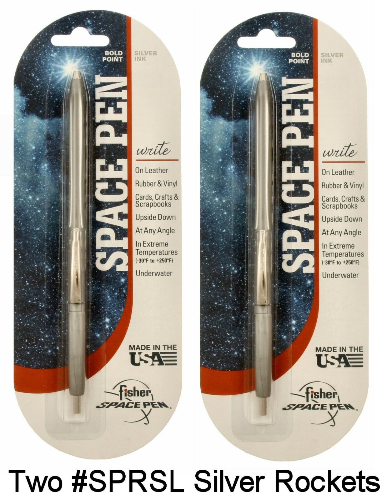 Two (2) Fisher Space Pens #SR80SL / Silver Rocket Pens with Silver Ink 