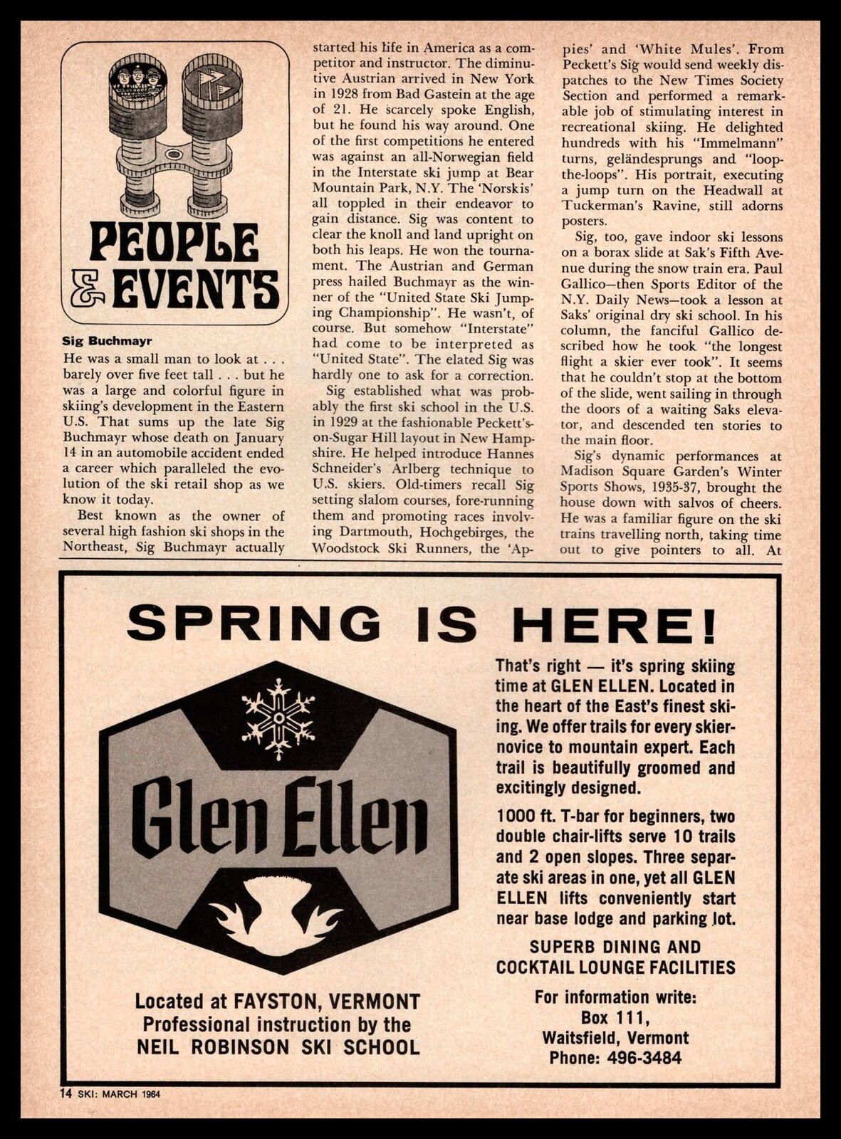 1964 Glenn Ellen Resort Fayston Vermont Neil Robinson Ski School Print Ad