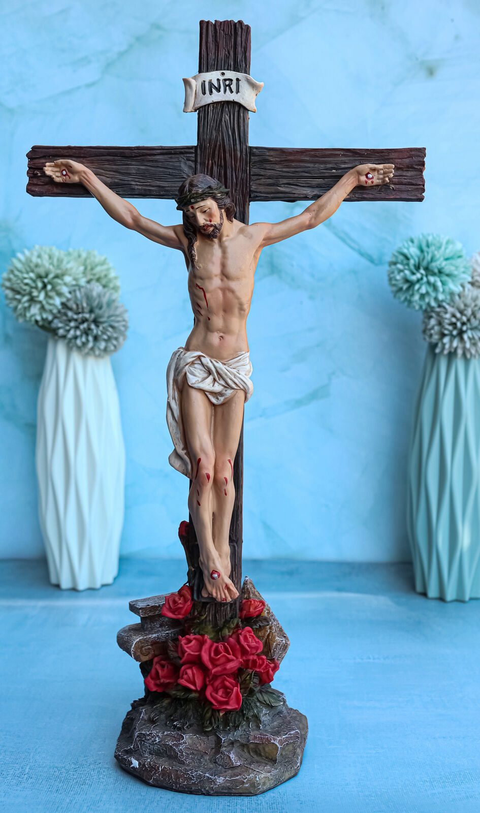Ebros Jesus Christ On Cross W/ Rose of Sharon Base Decorative Crucifix Statue